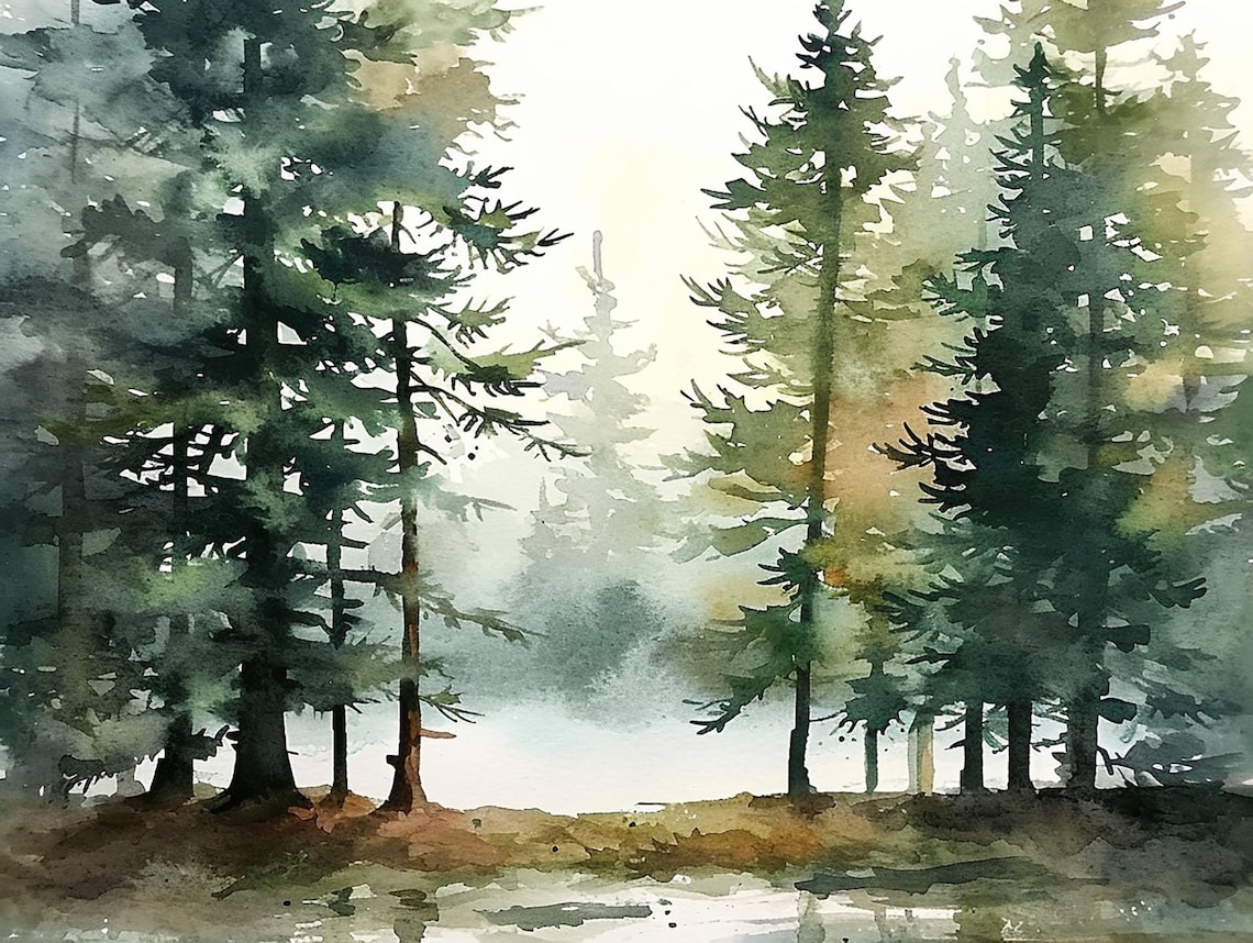 Oregon Forest Watercolor Art Print, Misty Pine Landscape