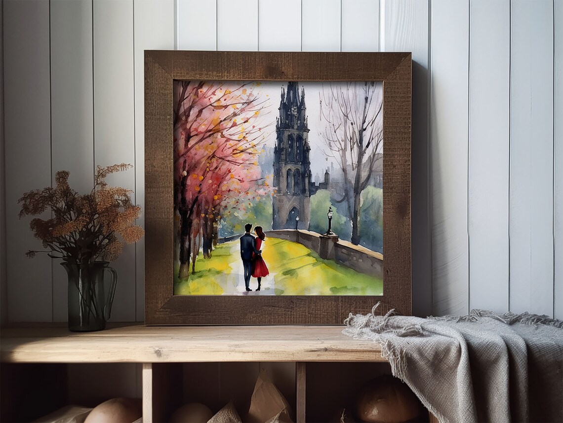 Edinburgh Couple Watercolor Art Print, Scottish Cityscape - Image 2