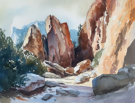 Red Sandstone Rock Canyon Formations Desert Stream Watercolor Poster