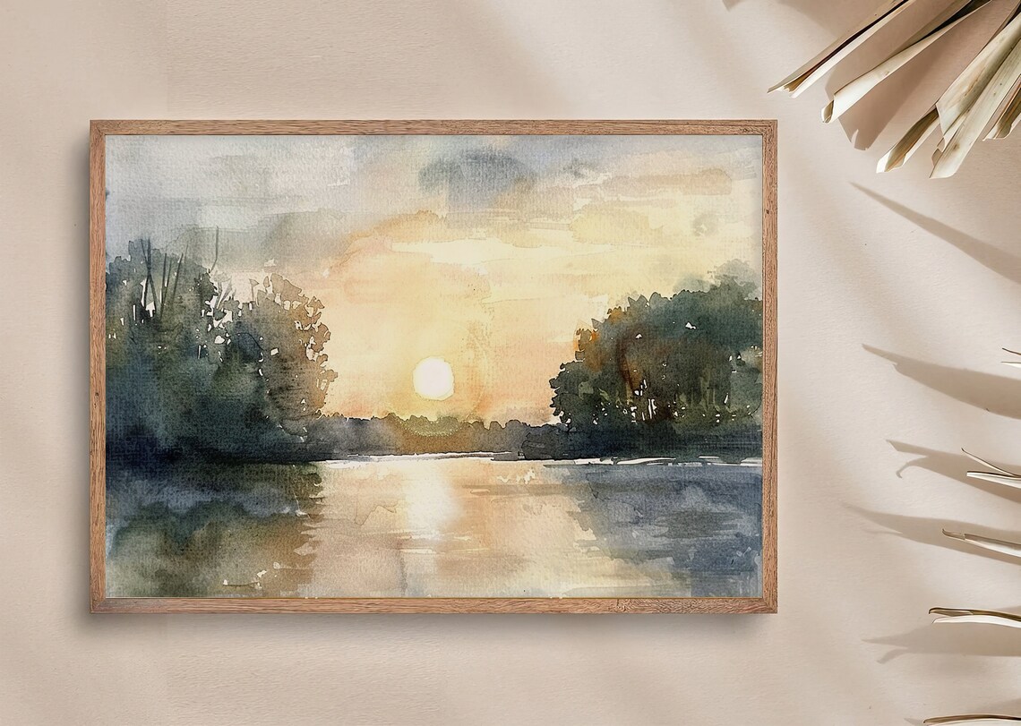 Michigan Sunrise Forest Lake, Watercolor Art Print - Image 4