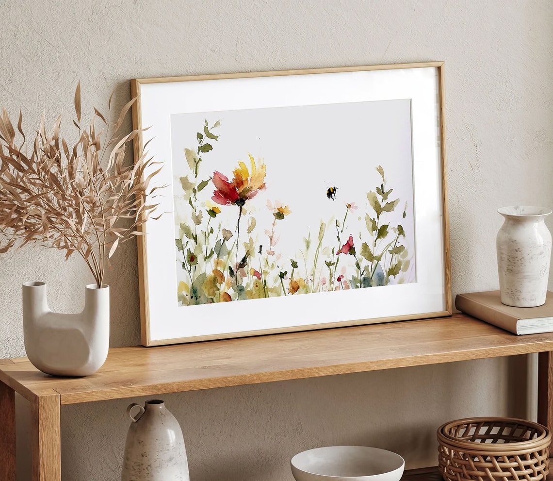 Delicate Wildflower Meadow with Bumblebee Watercolor Wall Art - Image 4