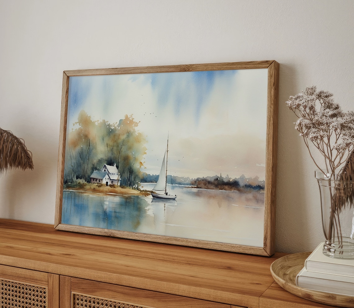 Michigan Lake Sailing Landscape Watercolor Art Print - Image 5