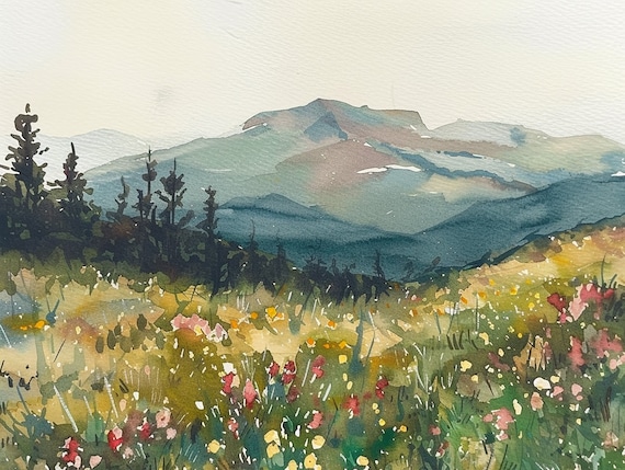 Alpine Wildflower Meadow with Layered Mountain Peaks Watercolor Poster