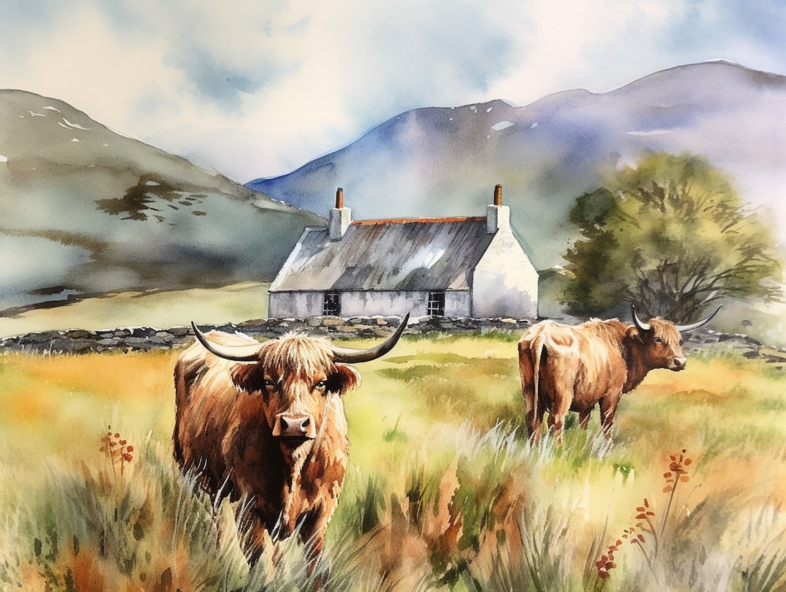 Scotland Highland Cow Watercolor Art Print, Isle Of Skye