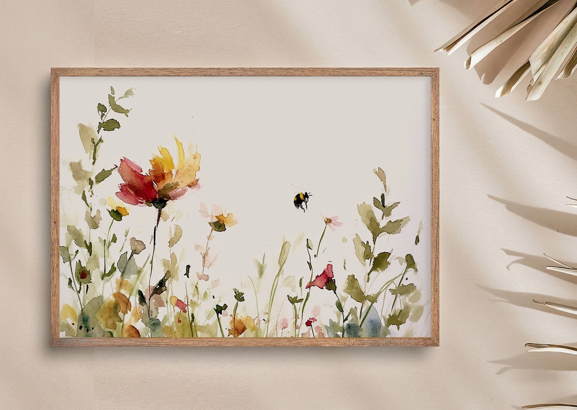 Delicate Wildflower Meadow with Bumblebee Watercolor Wall Art - Image 3