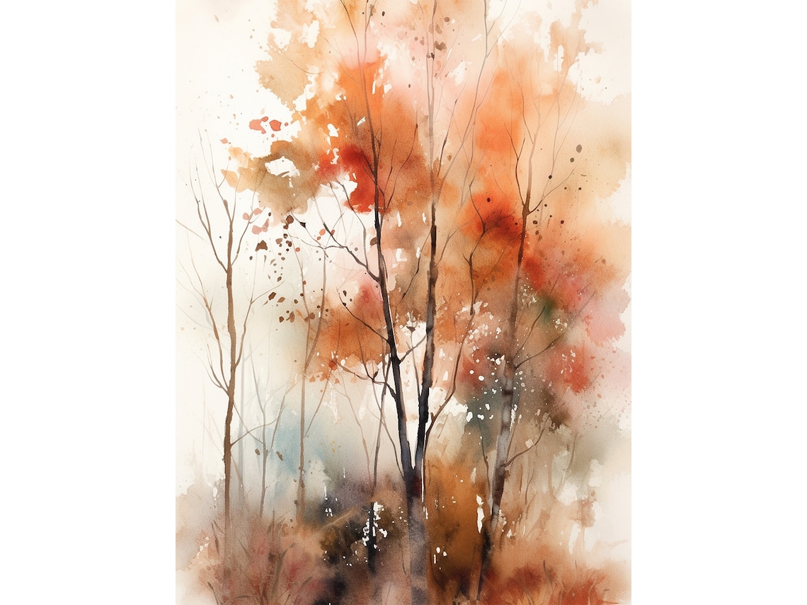 Fall Trees Watercolor Poster, Autumn Forest Landscape