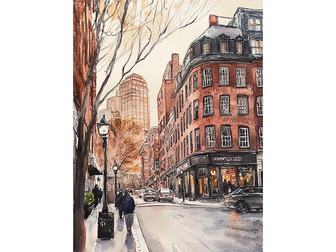 Historic Red Brick Street with Gas Lamps at Dusk Watercolor Poster