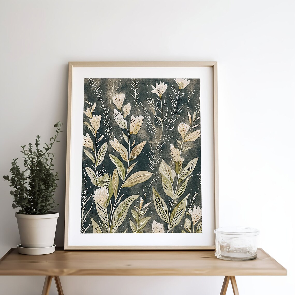 Elegant White Botanical Blooms on Moody Dark Background Wall Art - Image 3