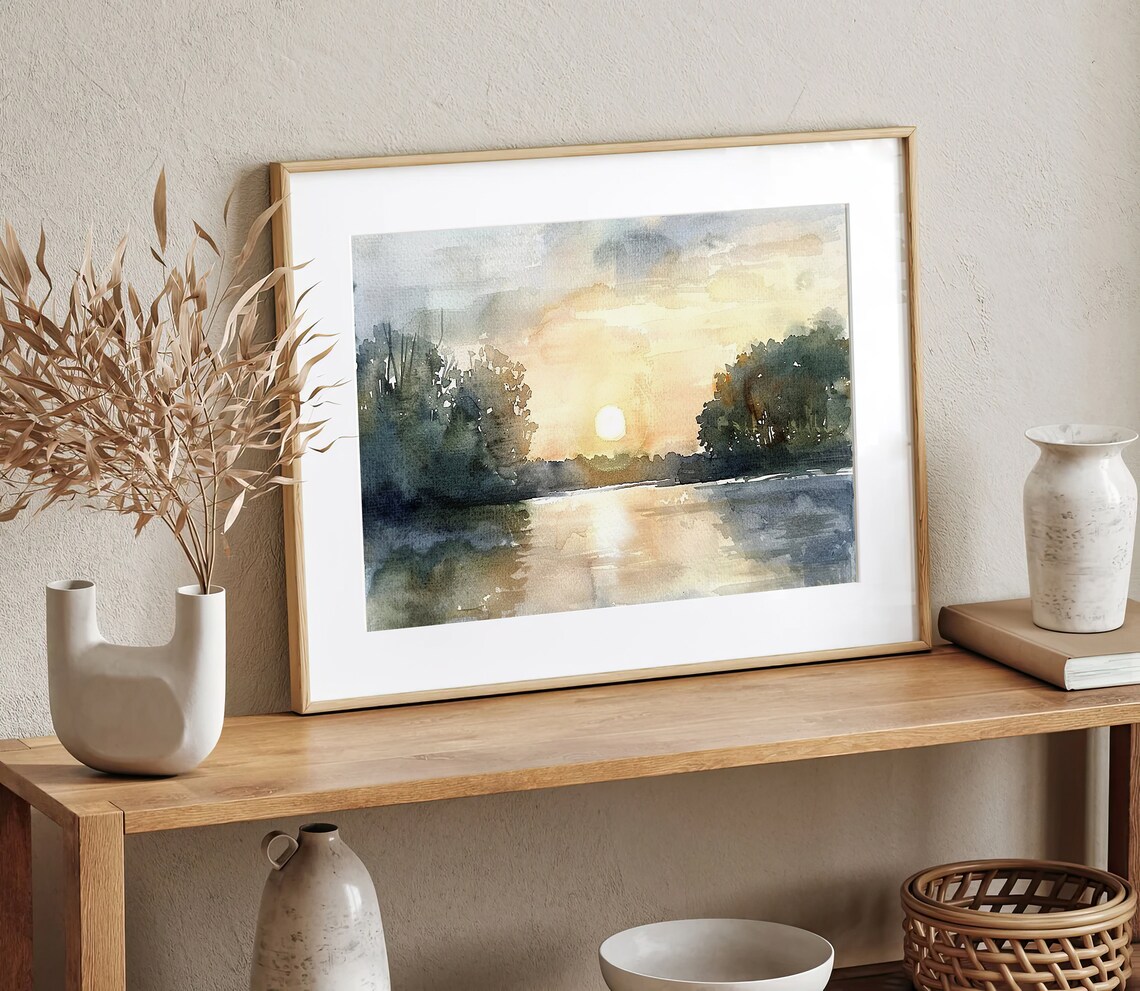 Michigan Sunrise Forest Lake, Watercolor Art Print - Image 3