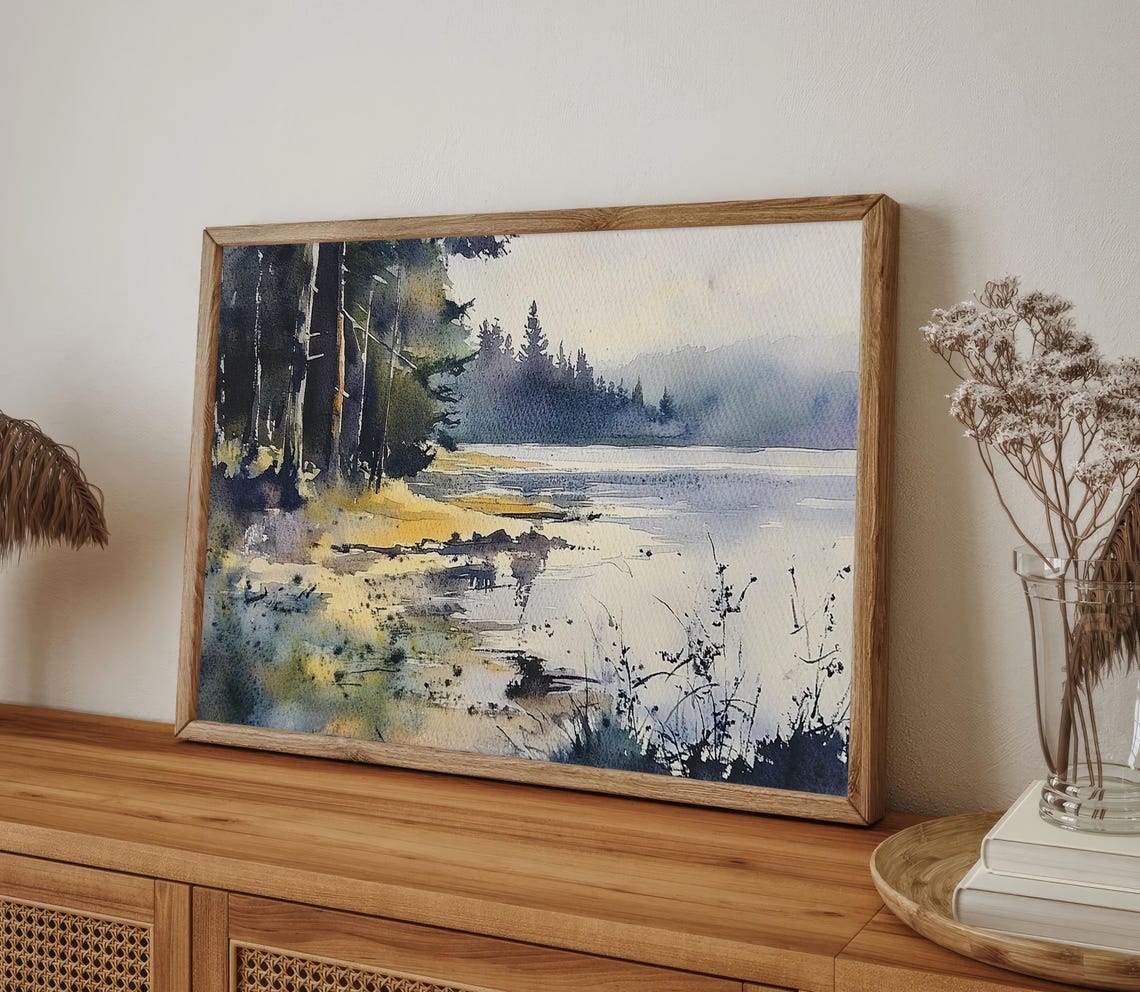 Misty Forest Shore Along a Still Mountain Lake Watercolor Poster - Image 4
