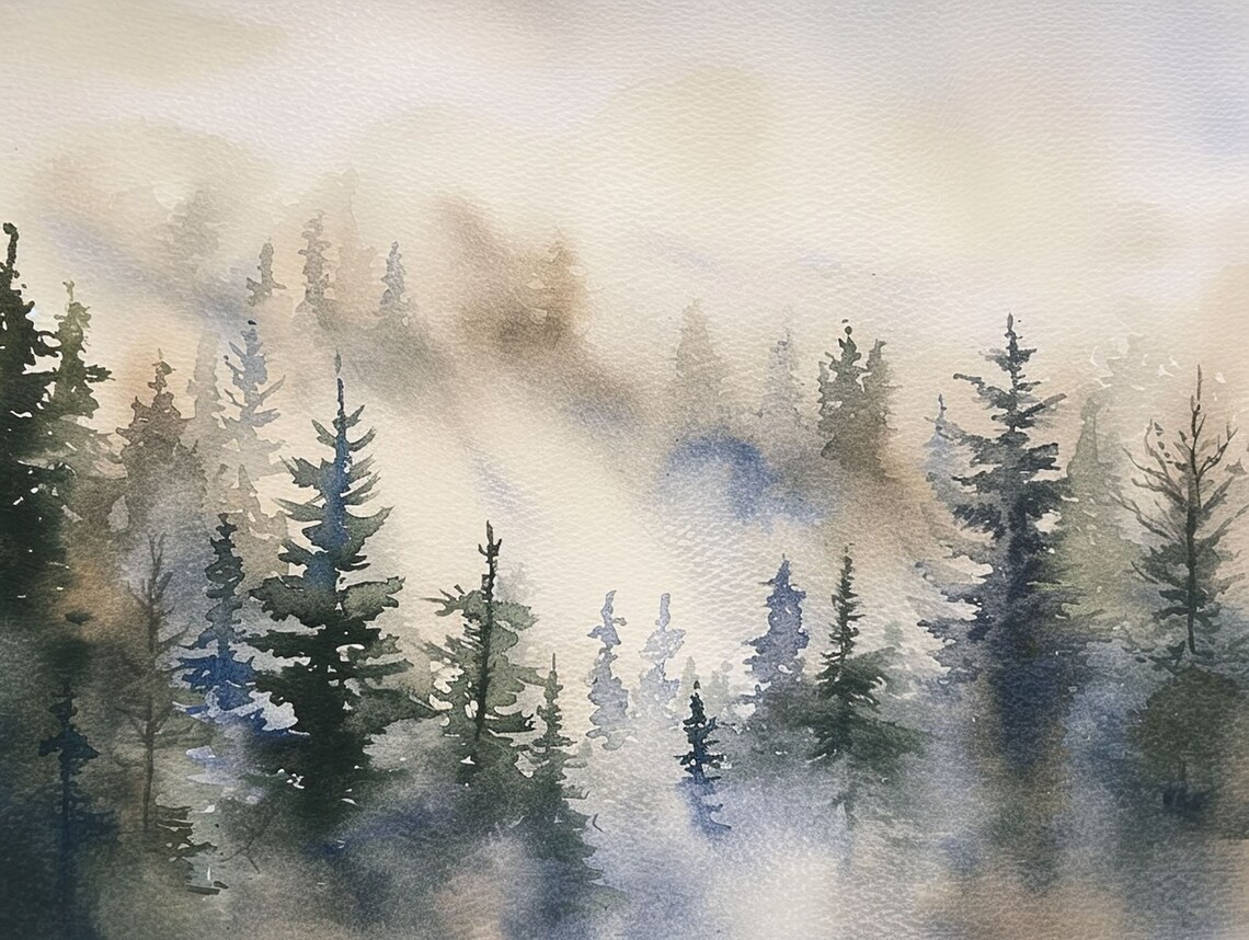 Misty Pines Watercolor Art Print, Smoky Mountains