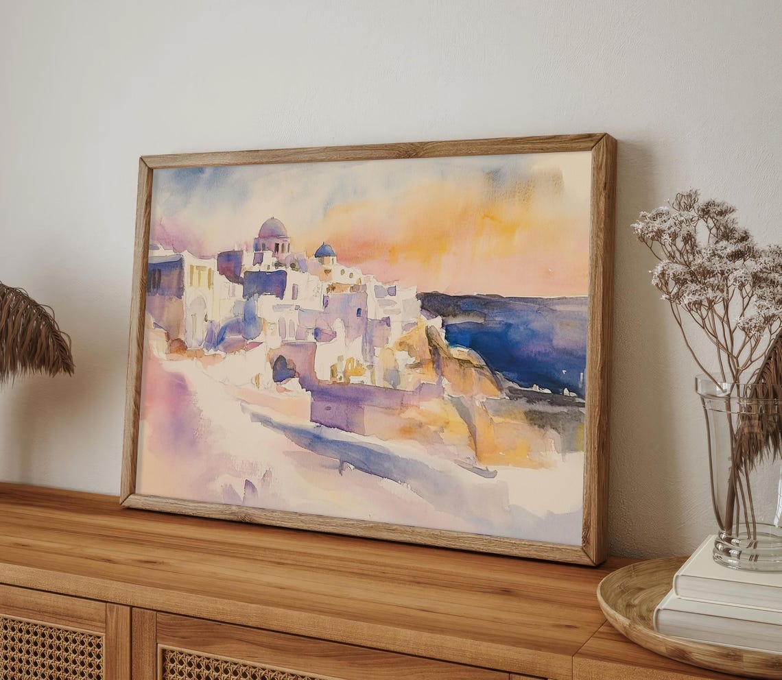 Santorini Style Whitewashed Village Blue Domes Sunset Poster - Image 4