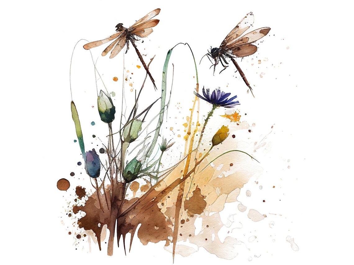 Cornflowers Painting Dragonfly Art Print, Neutral Meadow