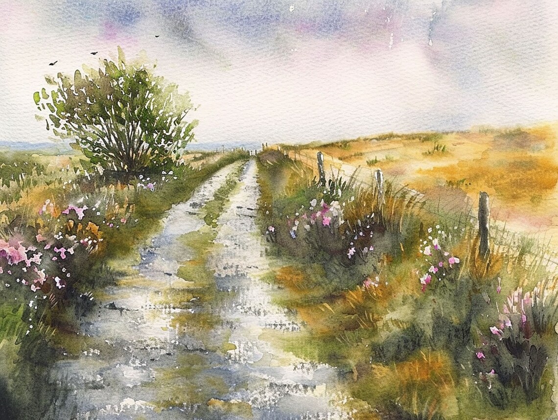 Country Dirt Path Through Wildflower Meadow Watercolor Poster