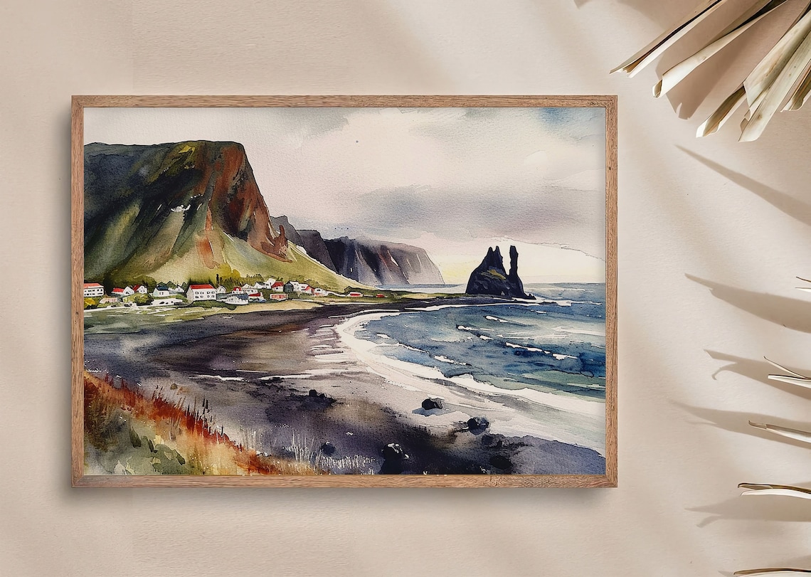 Town of Vik Iceland Watercolor Travel Poster - Image 4