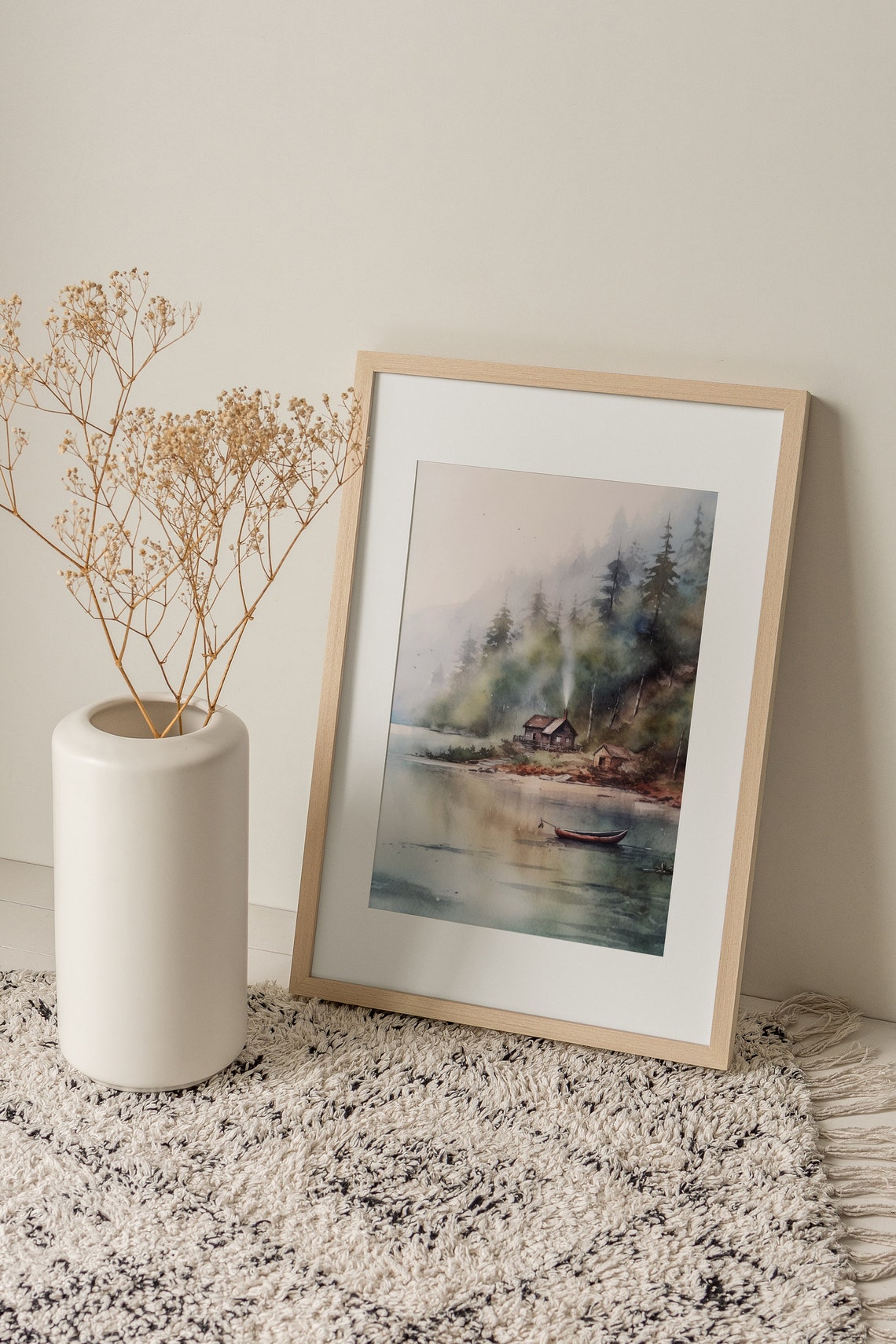 Misty Morning Lakeside Cabin Pine Forest Canoe Watercolor Poster - Image 2