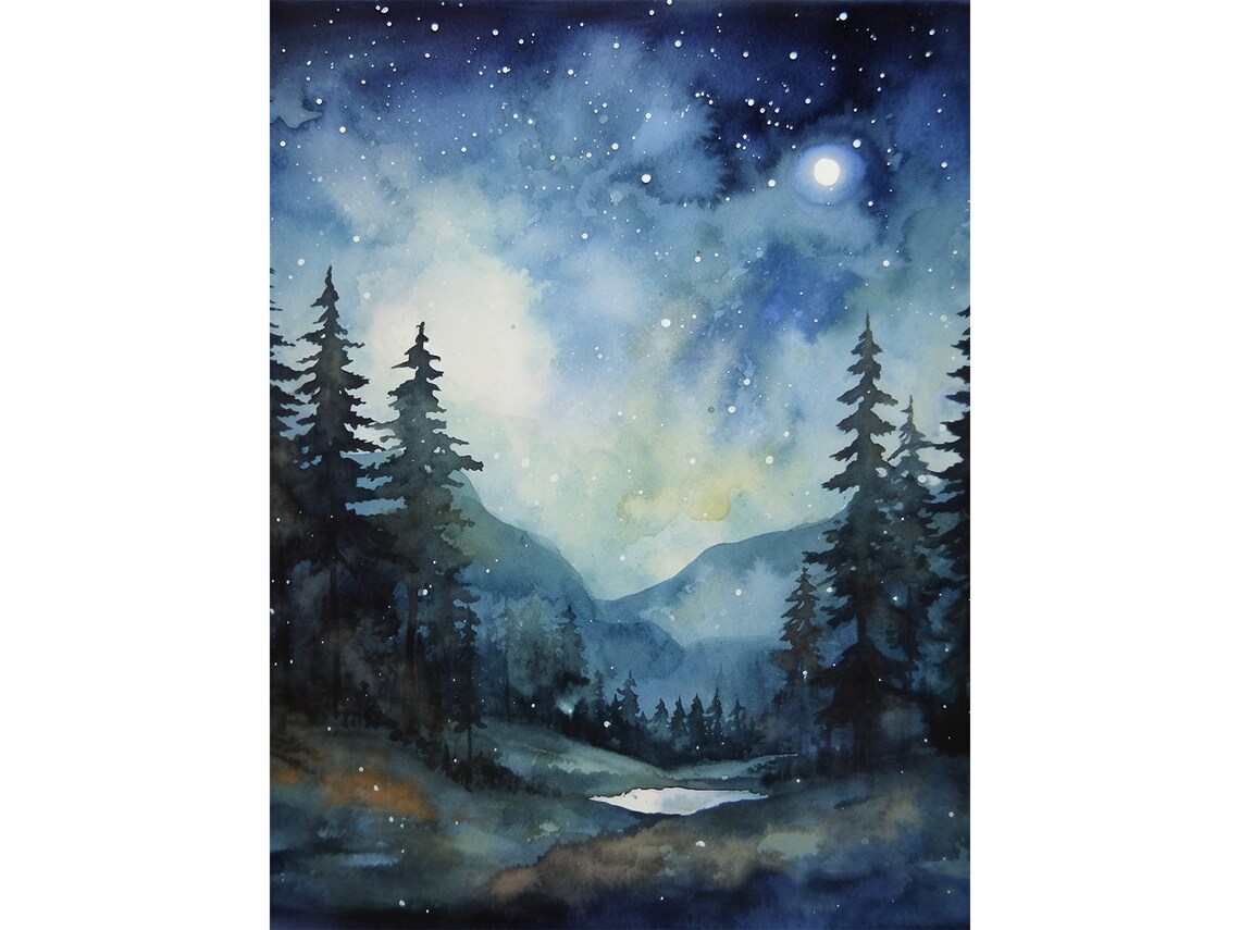 Night Sky Appalachian Mountains Watercolor Art Print