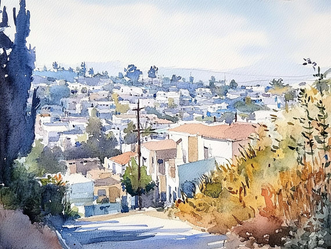 Los Angeles Painting Old Neighborhood Watercolor Art Print California Cityscape Wall Art Travel Poster Old Town Wall Decor