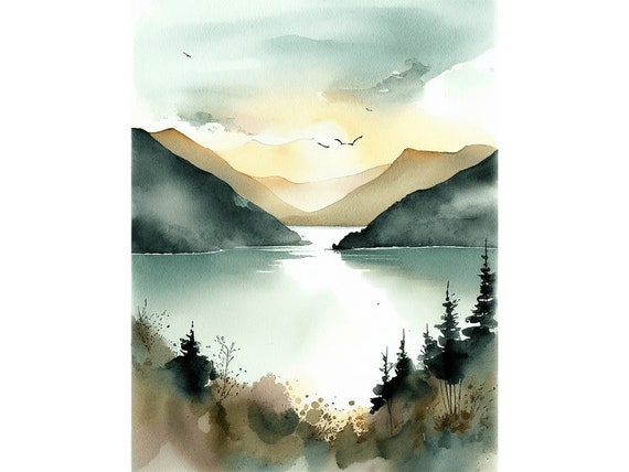 Colorado Painting Mountain Lake Art Print From Original Watercolor Pine Trees Landscape Sunset Sky Wall Art
