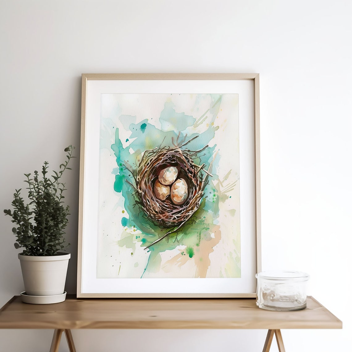 Watercolor Bird Nest Three Eggs Teal Splash Spring Art Poster - Image 3