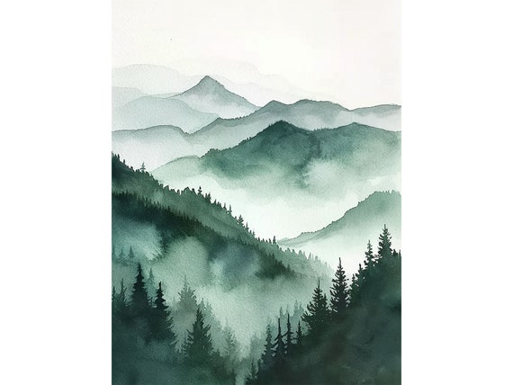 Denali Painting Alaska Watercolor Art Print Mountain Landscape Wall Art Misty Forest Art Pine Artwork Evergreen Poster
