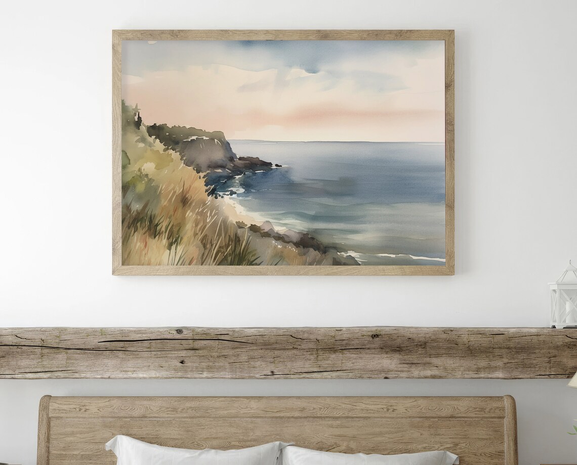 Cornwall Coastal Cliffs Rocky Shore and Calm Sea Watercolor Seascape Poster - Image 2