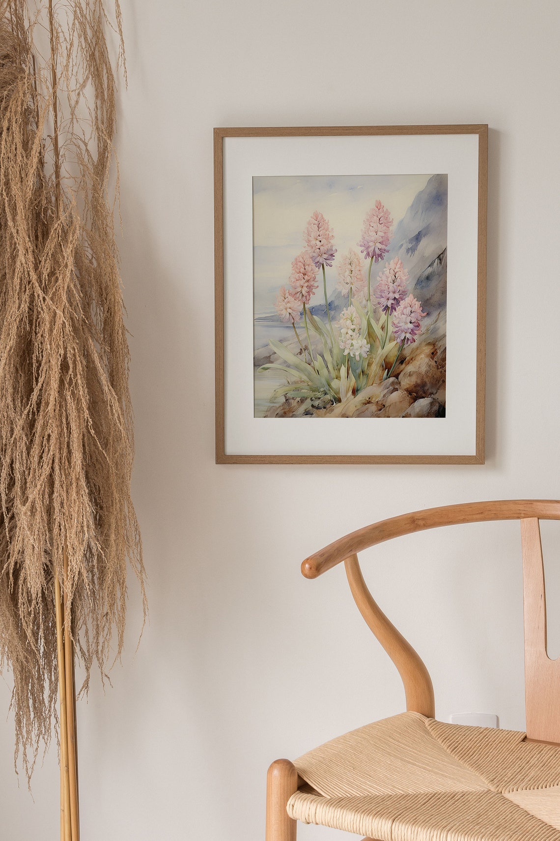 Pink Hyacinth Blooms on a Rocky Coastal Cliff Watercolor Poster - Image 3