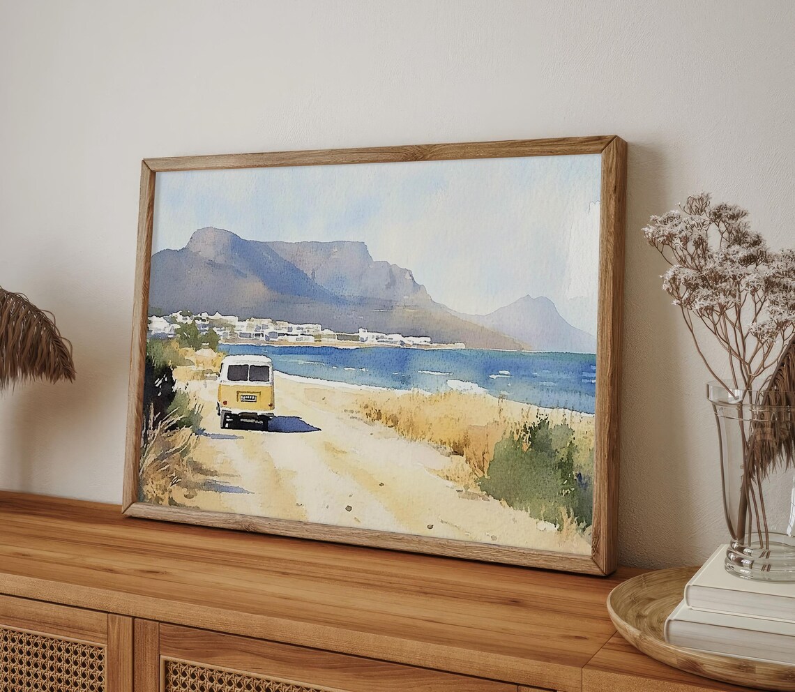 Cape Town Beach Table Mountain Kombi Van Watercolor Travel Poster - Image 4
