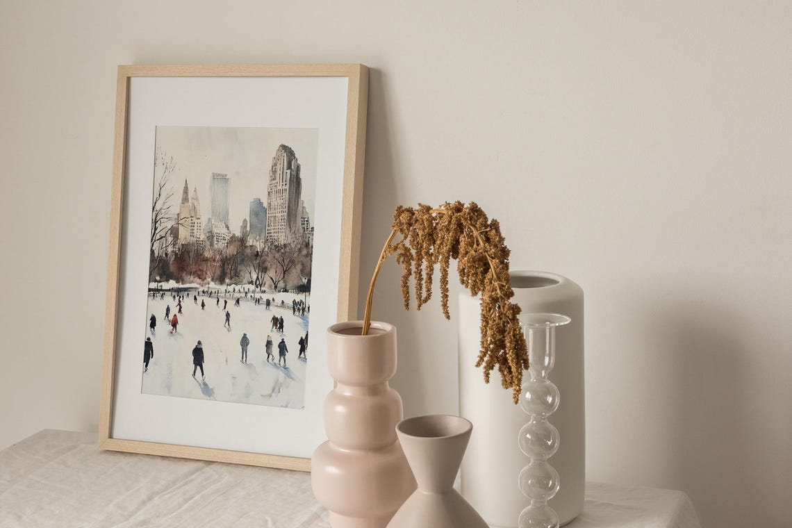 Central Park Painting Ice Skating Watercolor Art Print New York Skyline Print Winter Cityscape Wall Art Travel Poster Christmas Gifts - Image 2