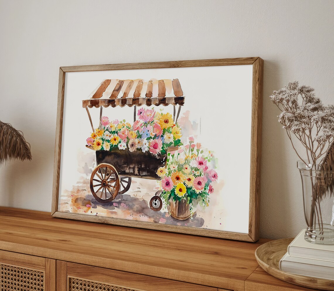 Flower Cart Market Stall Striped Awning Watercolor Floral Poster - Image 5