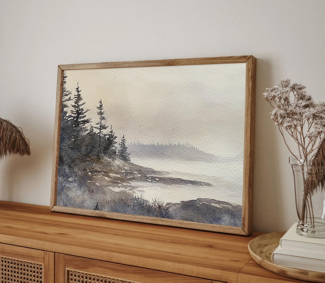 Schoodic Peninsula Acadia Maine Misty Pine Coast Watercolor Poster - Image 2