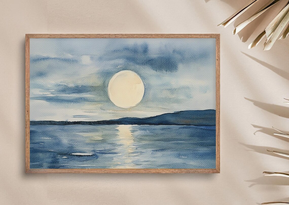 Full Moon Over the Ocean Night Seascape Watercolor Blue Moonlight Poster - Image 2