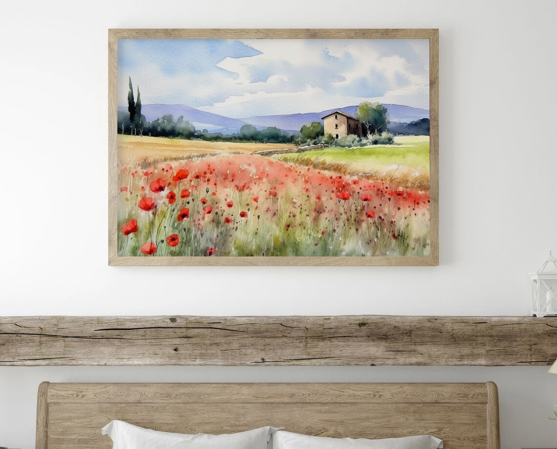 Tuscany Poppy Field Watercolor Art Print, Italy - Image 4