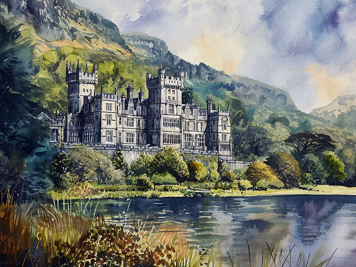 Kylemore Abbey Watercolor Art Print, Galway Travel Poster