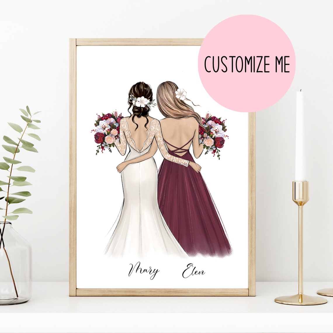 Bride and Bridesmaid Burgundy Gowns Back View Fashion Poster - Image 5