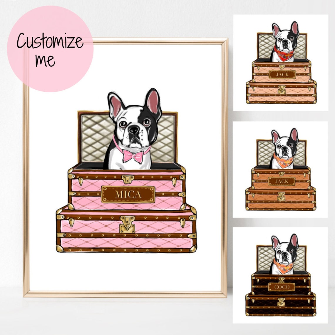 Personalized French Bulldog Portrait Frenchie Fashion Art Print Luxary Dog Drawing French Bulldog Gifts Frenchie Mom Gift