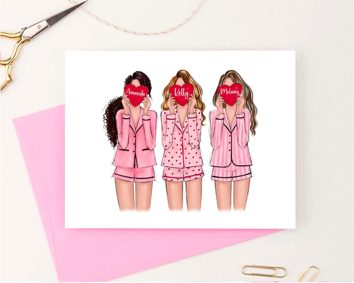 Galentines Day Card Five Friends Pink Pajamas Heart Names Poster - Image 2