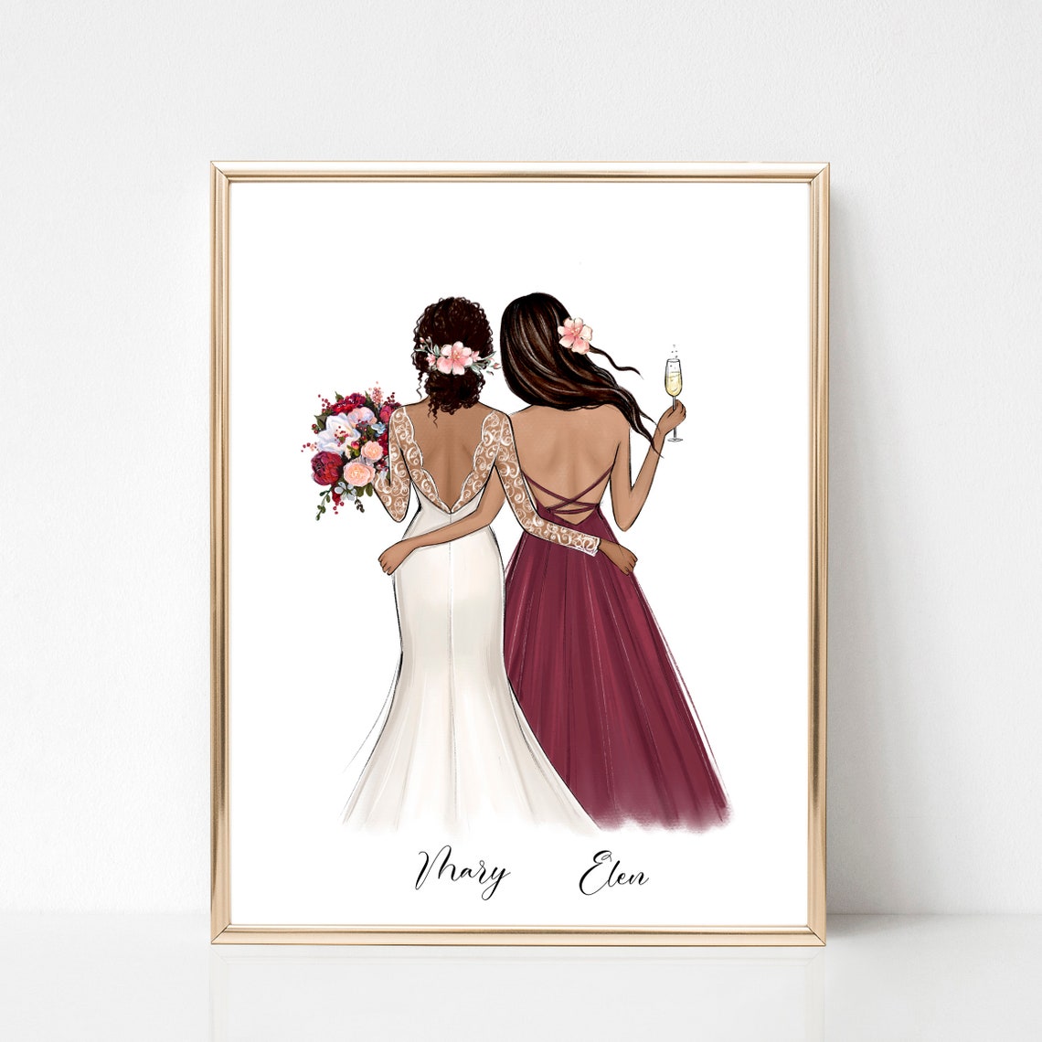 Bride and Bridesmaid Burgundy Gowns Back View Fashion Poster - Image 4