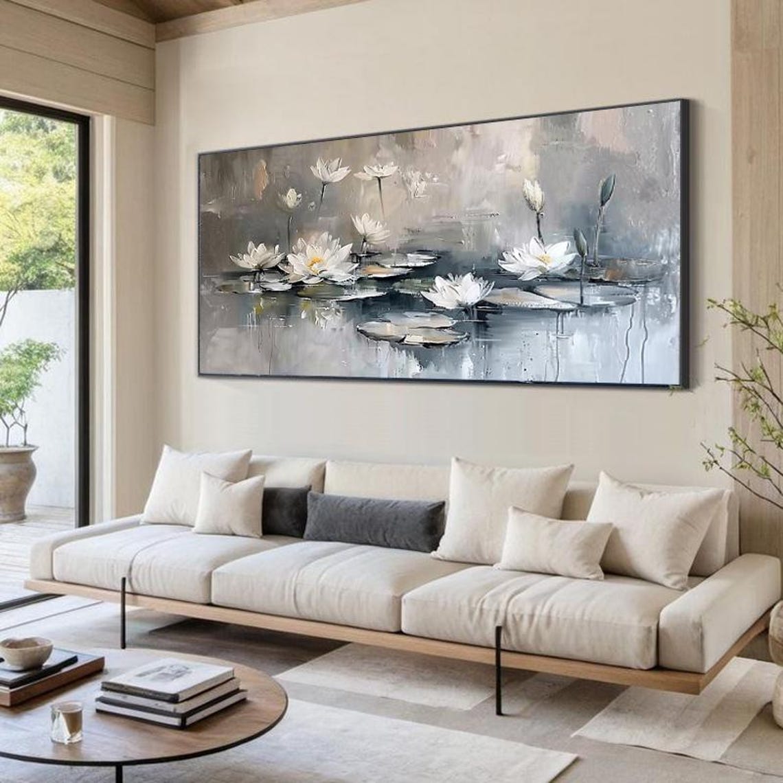 White Lotus Blossoms on a Misty Grey Pond Serene Floral Poster - Image 3