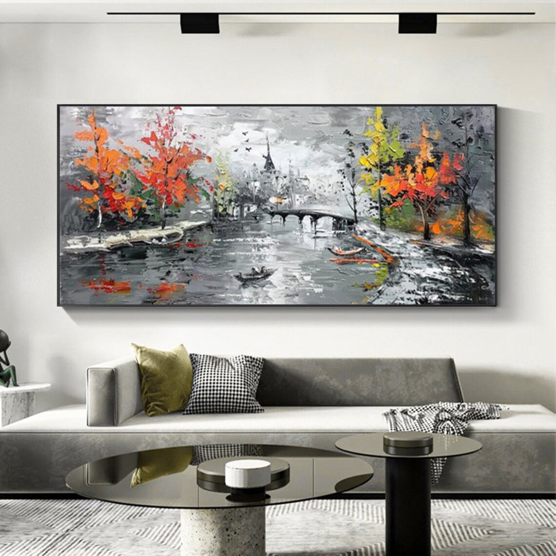 City Bridge Canal With Autumn Trees Black White City Painting Poster - Image 4