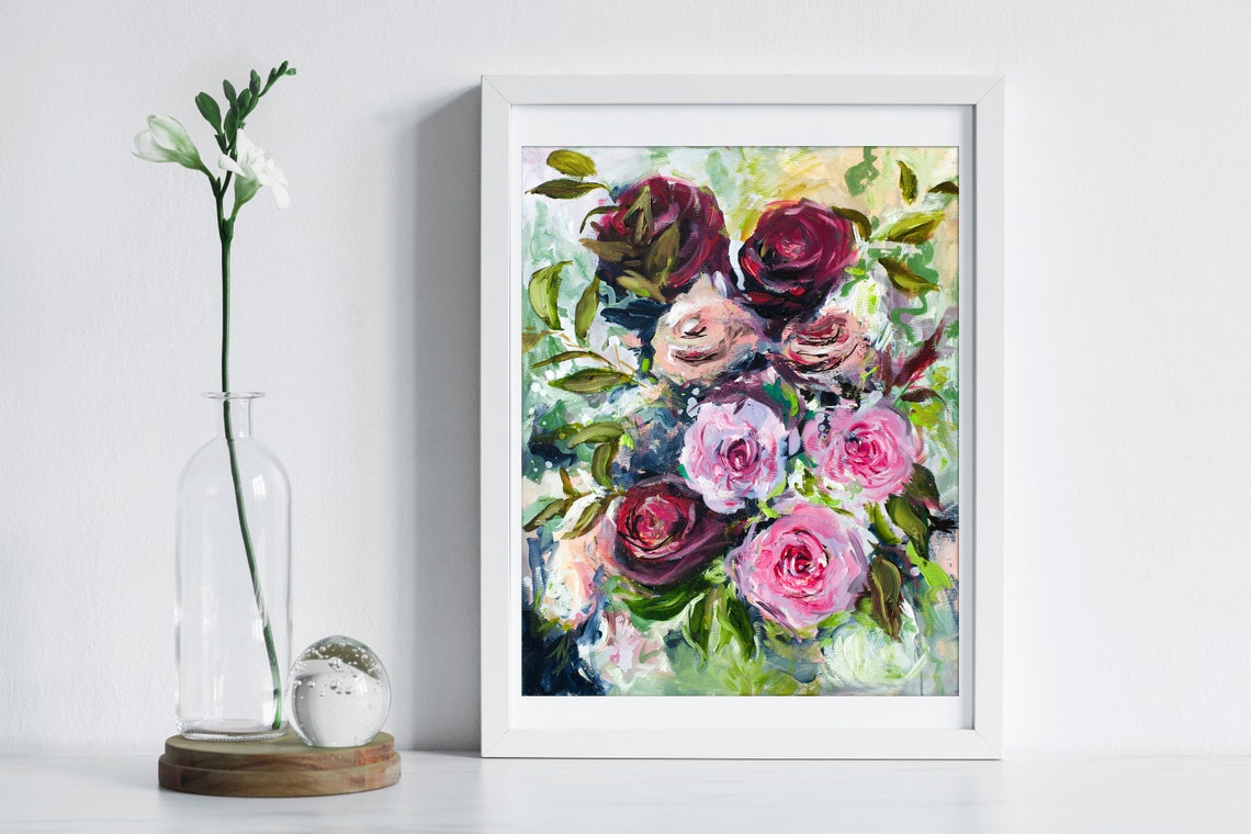 Deep Red Pink Roses Bouquet Romantic Floral Painting Wall Art