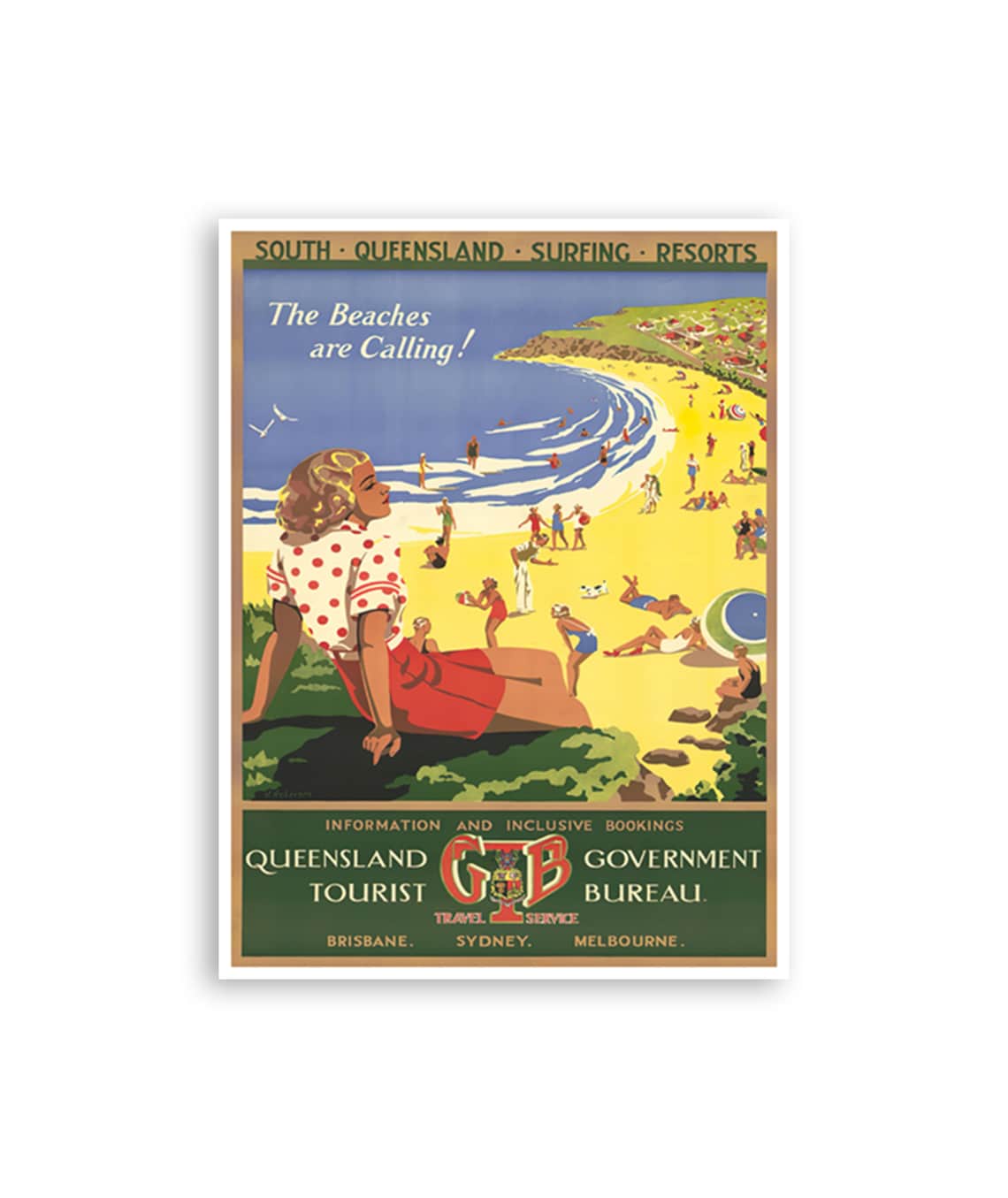 Queensland Australia Beach Calling Surfing Vintage Travel Poster