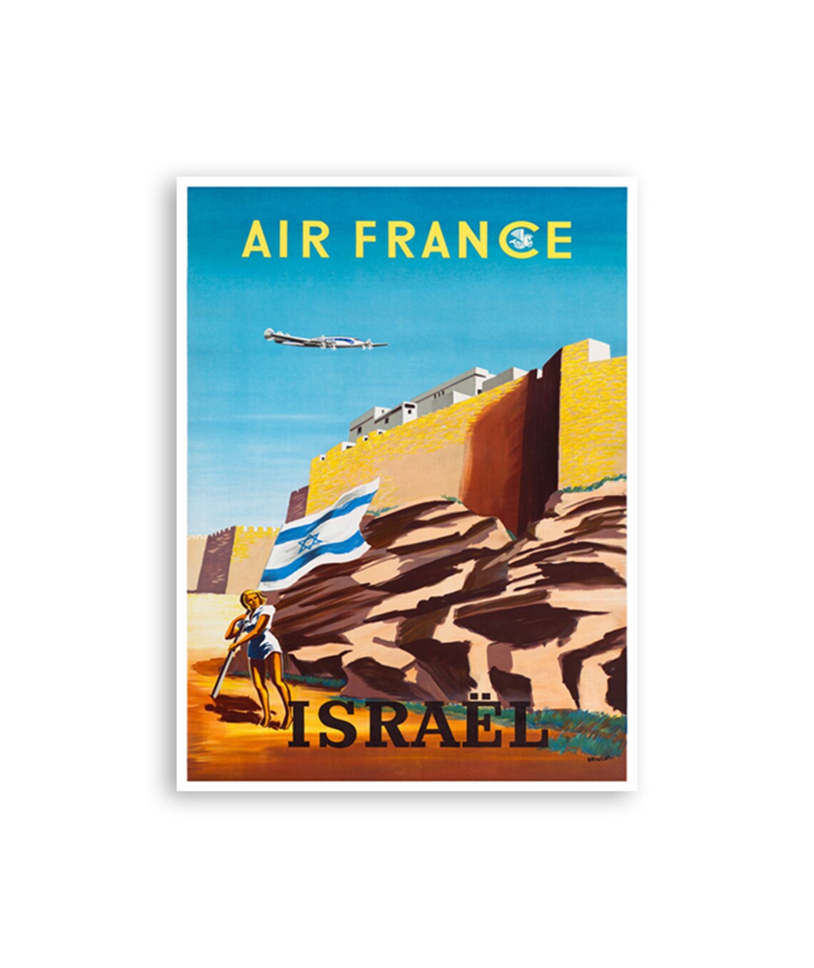 Israel Air France Vintage Airline Poster With Jerusalem Walls and Flag