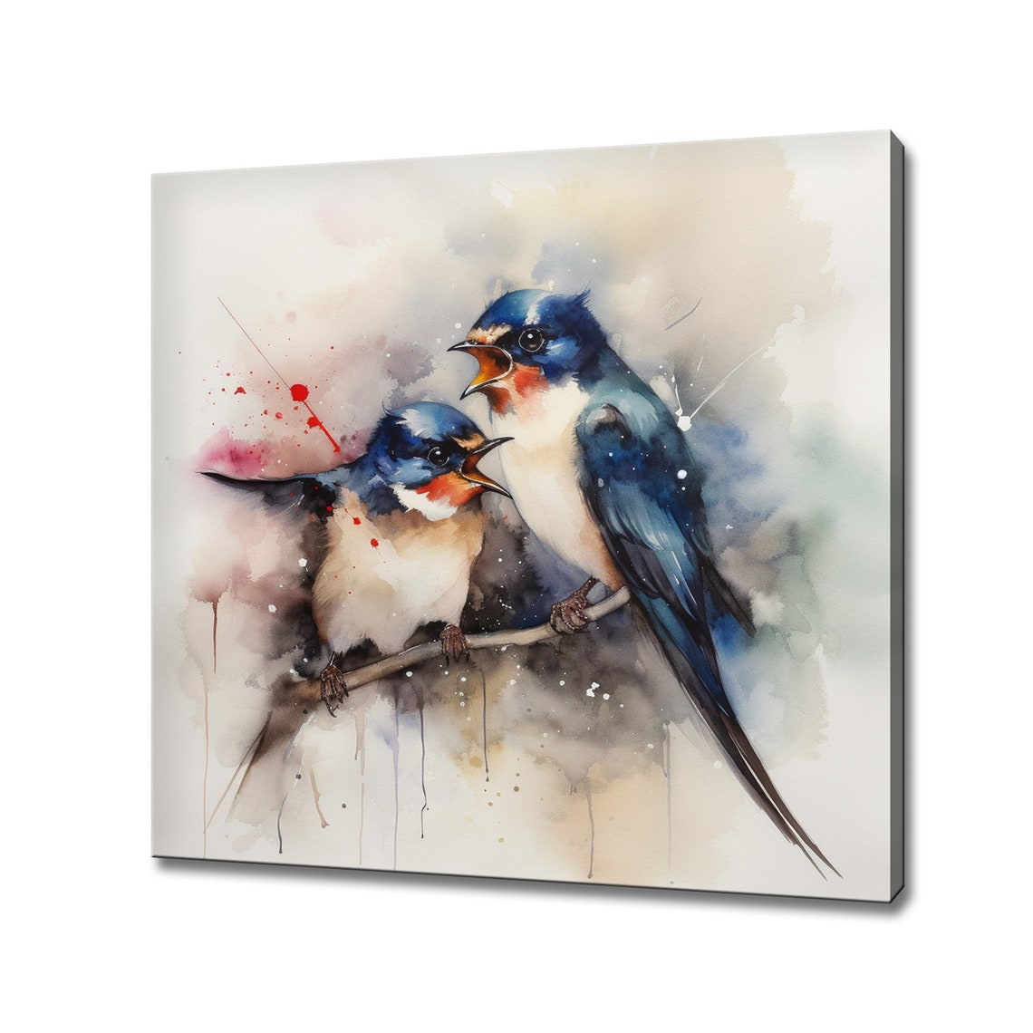 Barn Swallows Pair Branch Watercolor Blue Songbird Art Poster