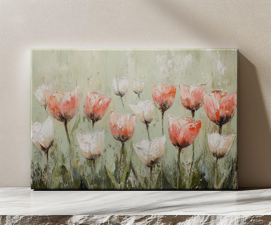 Pastel Coloured Tulips Flowers Vintage Painting Print Neutral Floral Art Print Living Room Botanical Wall Art Farmhouse Decor Art