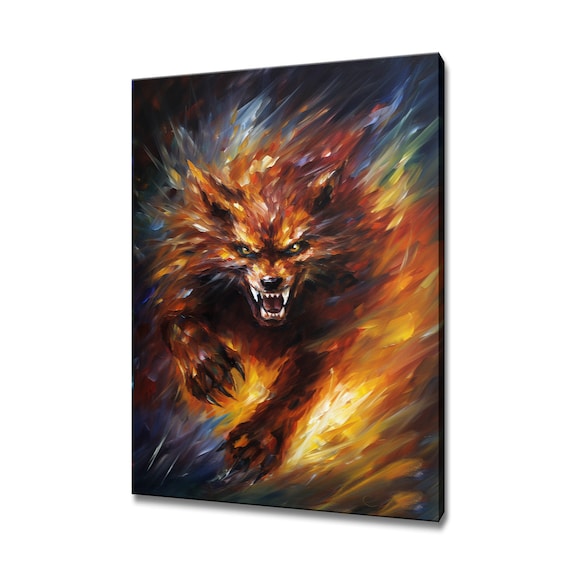 Snarling Werewolf Charging Flames Fantasy Oil Painting Dark Art Poster