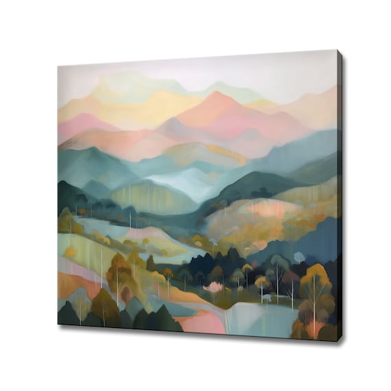 Abstract Mountains Valley Painting Style Print Pastel Coloured Landscape Art Large Wall Art Nature Picture Wall Hanging