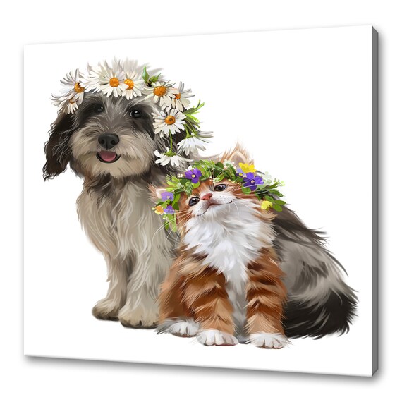 Cute Puppy Kitten Flower Crown Best Friends Sweet Animal Art Poster