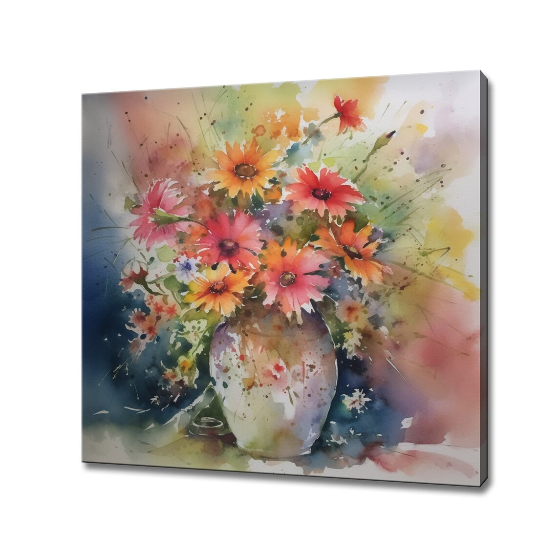 Watercolor Vase Coral Pink Daisies Loose Floral Bouquet Art Poster