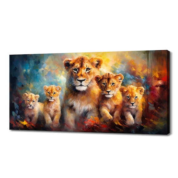 Lioness And Four Cubs Painterly Family Portrait Golden Colourful Art Poster